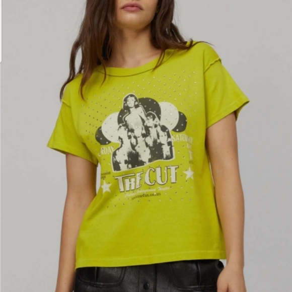 Daydreamer Tops - Daydreamer The Cut Rhinestones Reverse Girlfriend Tee in Green-NWT